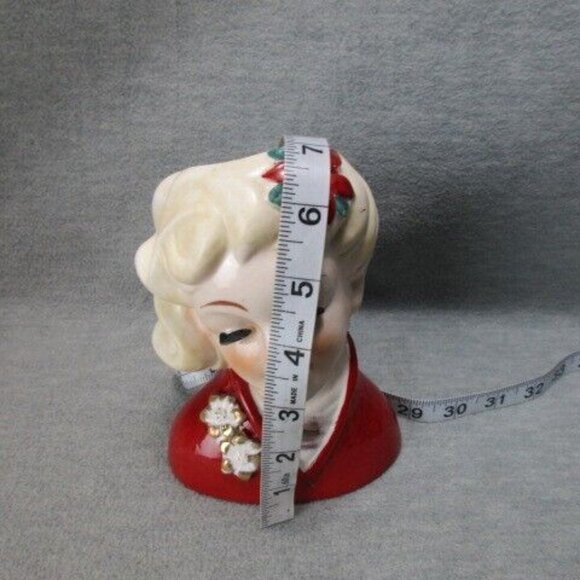 Vintage Lady Head Vase Red Gold Poinsettia Holiday 6.5in Ceramic - Picture 2 of 7